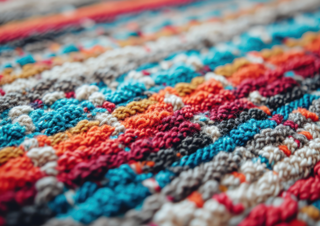 close up of multi-coloured low pile woven rug